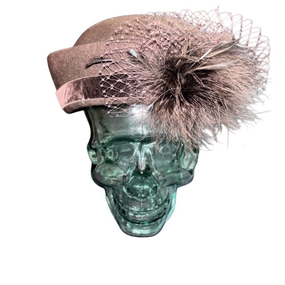 Toucan Collection Pillbox Hat Womens OS Brown Feather Net Veil wool Classic Vtg